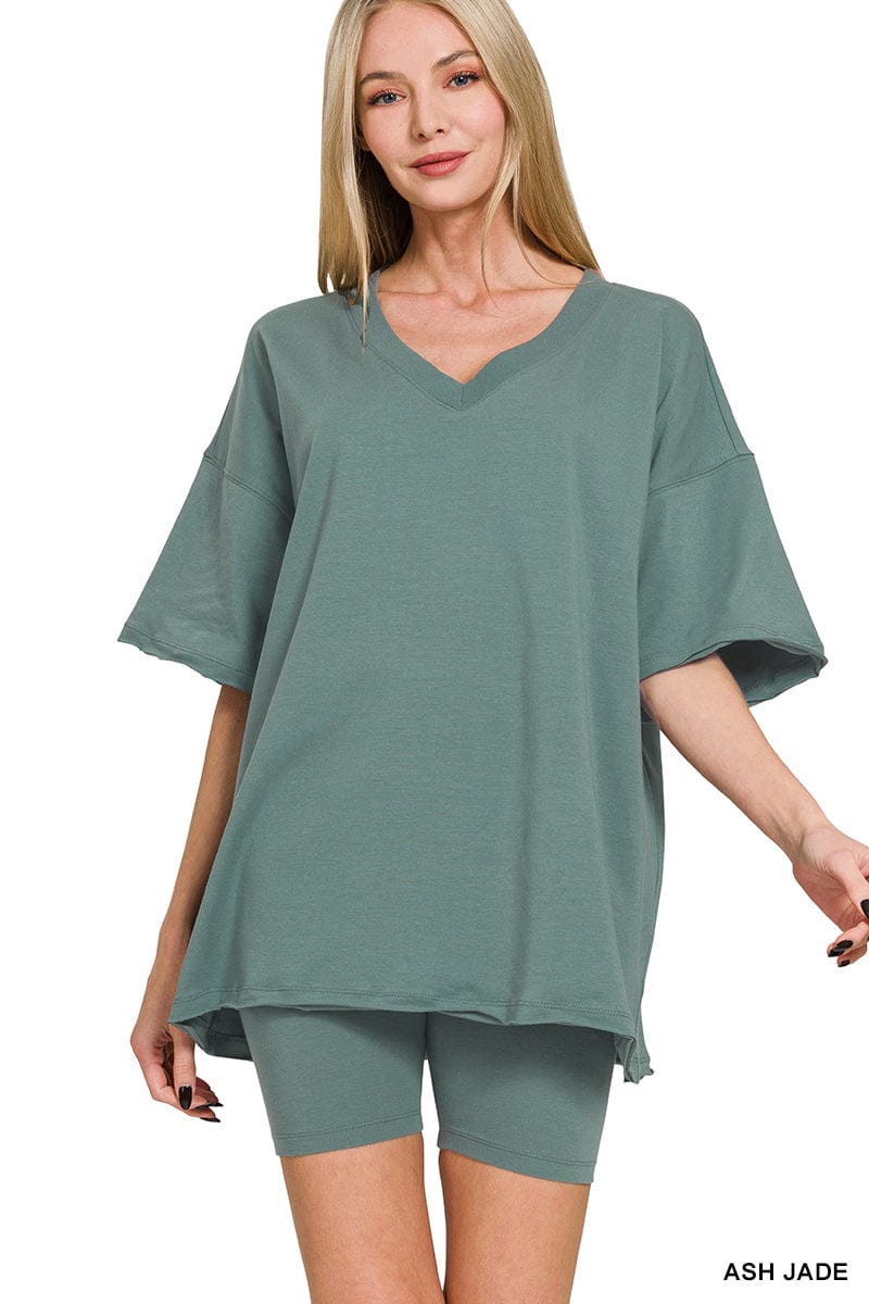 Cotton V- Neck Top & Biker Short Set -Variety Colors Available ZENANA