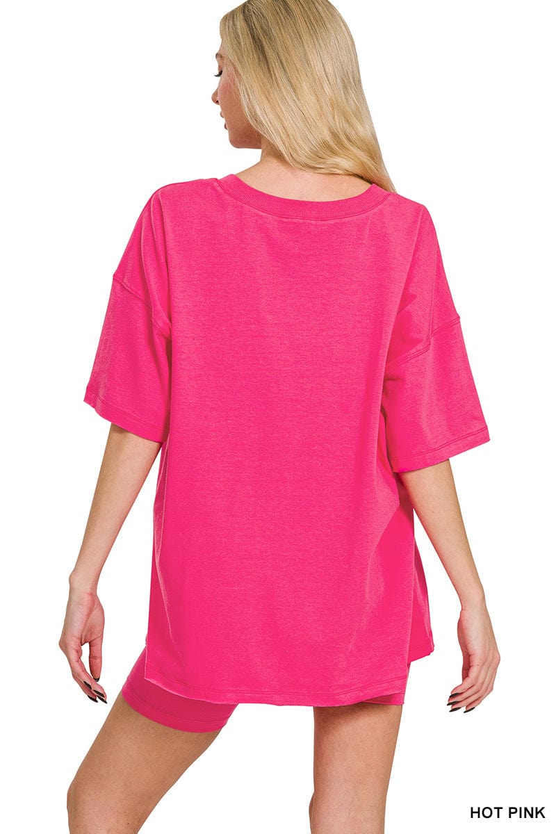 Cotton V- Neck Top & Biker Short Set -Variety Colors Available ZENANA