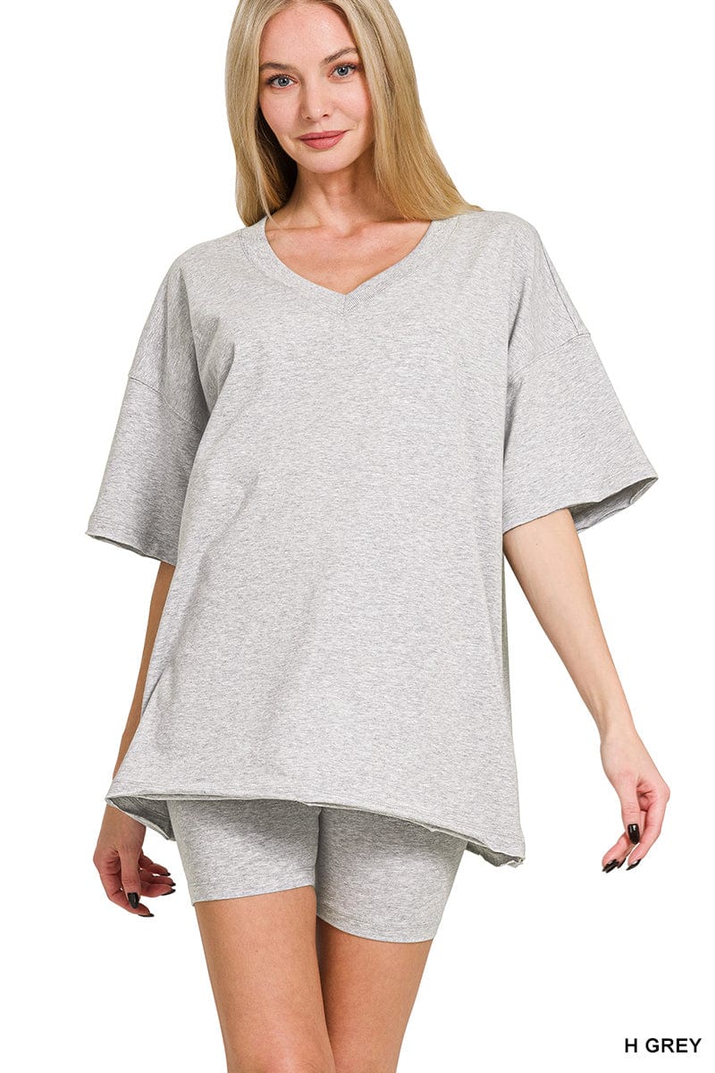 Cotton V- Neck Top & Biker Short Set -Variety Colors Available ZENANA