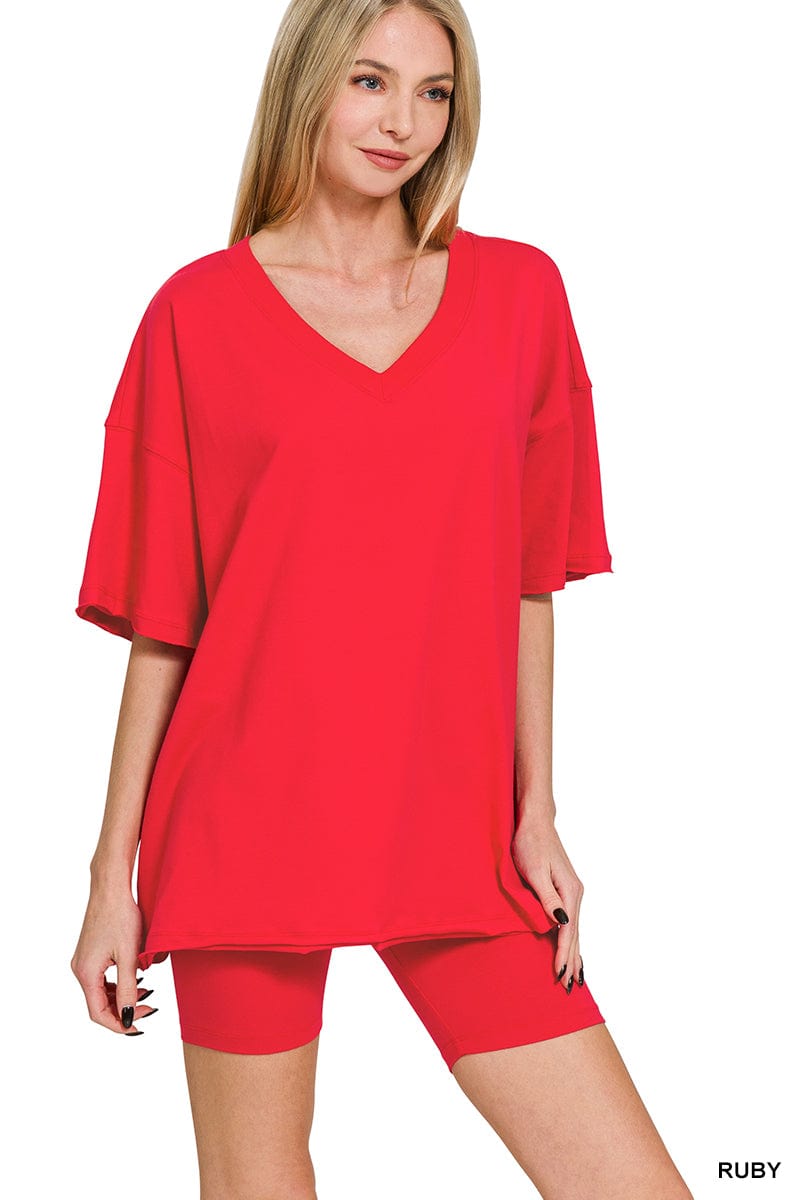 Cotton V- Neck Top & Biker Short Set -Variety Colors Available ZENANA