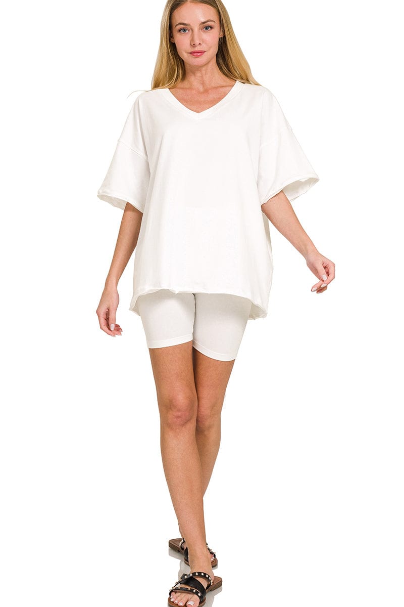 Cotton V- Neck Top & Biker Short Set -Variety Colors Available ZENANA