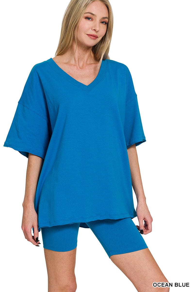 Cotton V- Neck Top & Biker Short Set -Variety Colors Available ZENANA