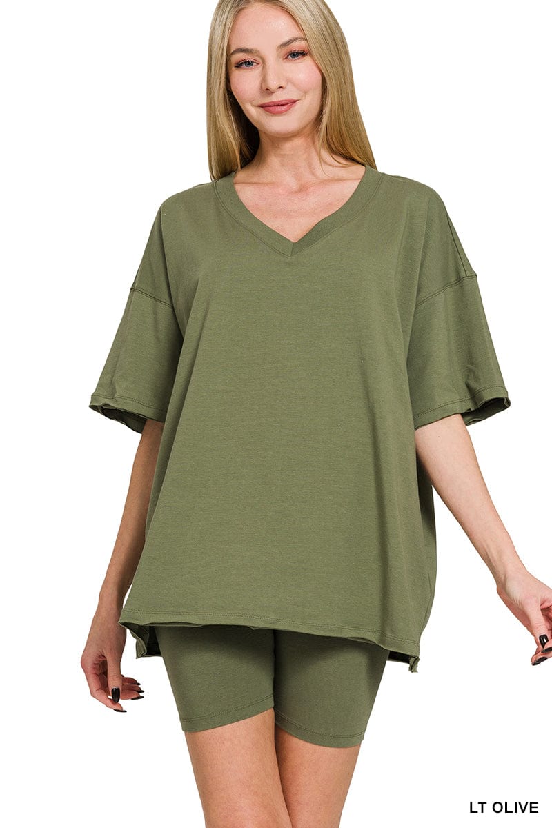 Cotton V- Neck Top & Biker Short Set -Variety Colors Available ZENANA
