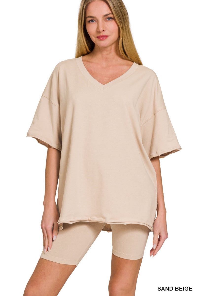 Cotton V- Neck Top & Biker Short Set -Variety Colors Available ZENANA