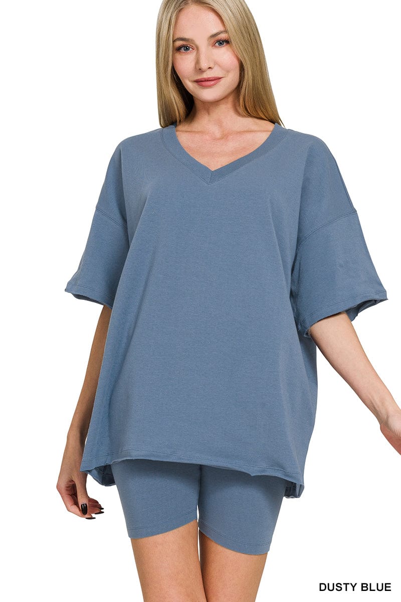 Cotton V- Neck Top & Biker Short Set -Variety Colors Available ZENANA