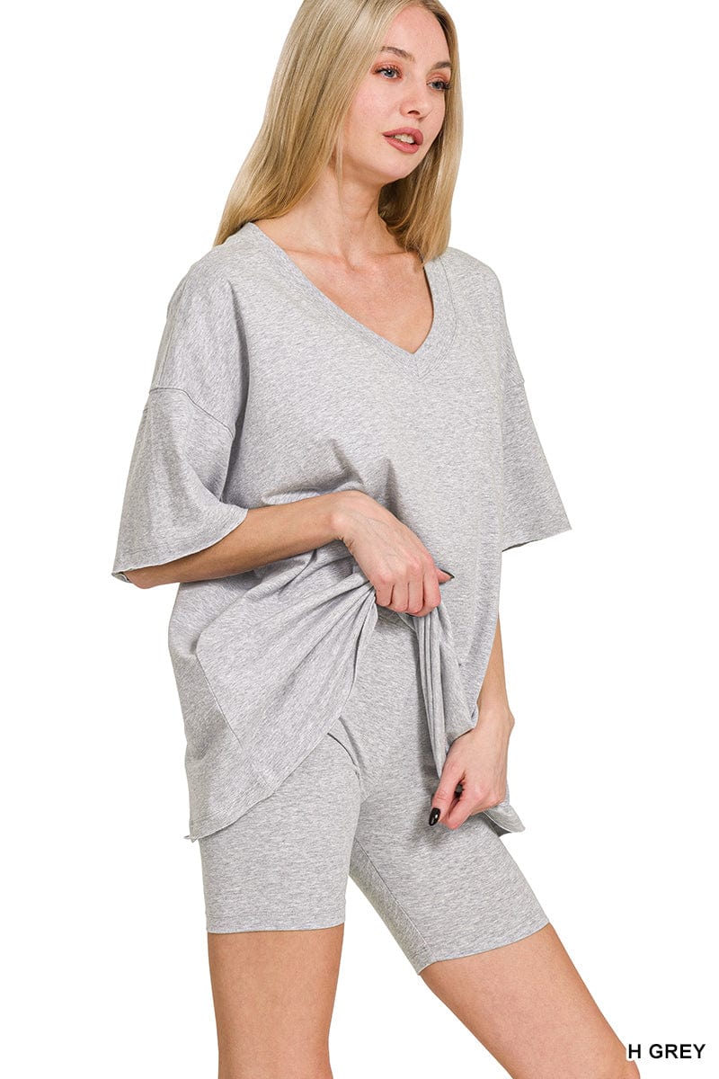 Cotton V- Neck Top & Biker Short Set -Variety Colors Available ZENANA