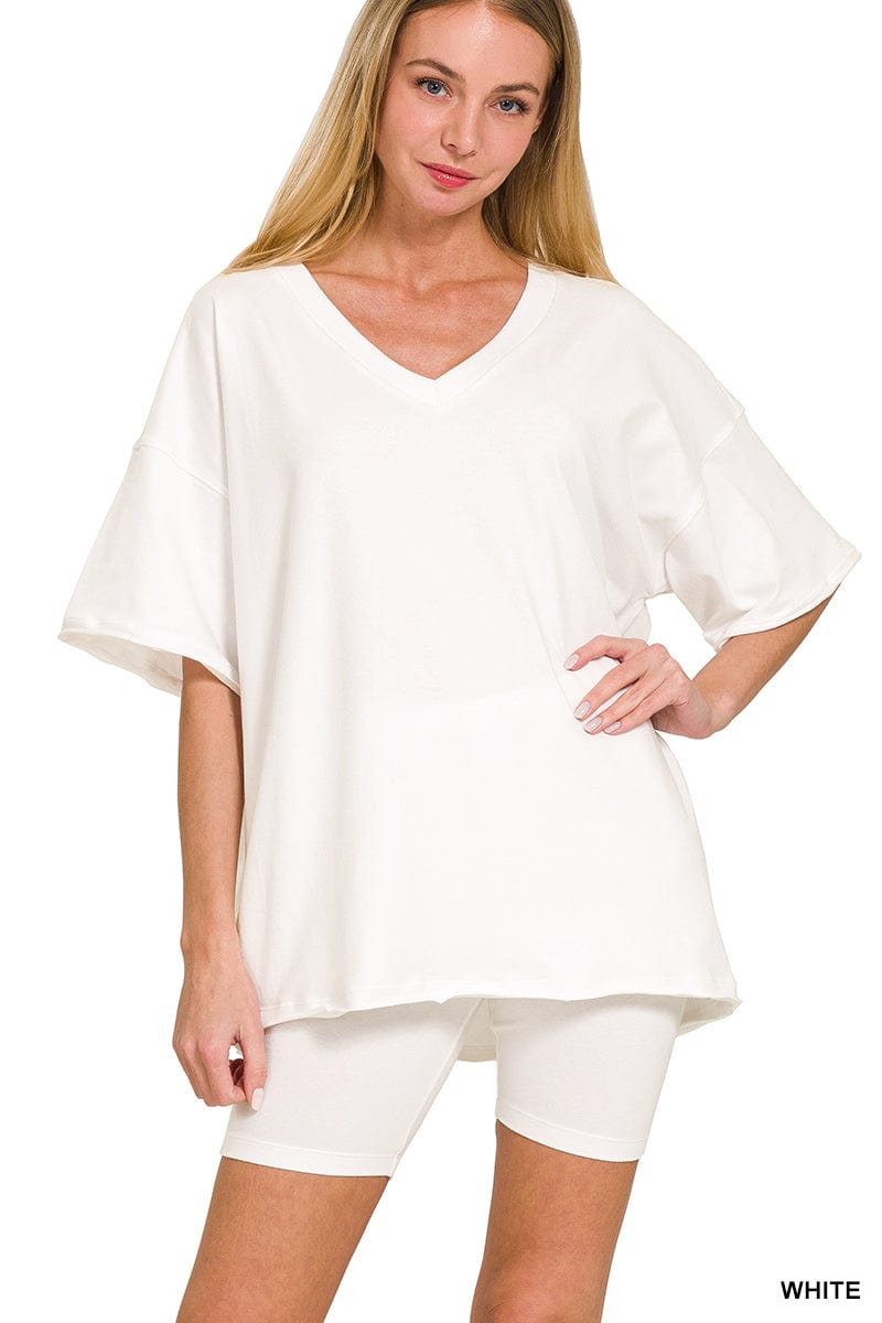Cotton V- Neck Top & Biker Short Set -Variety Colors Available ZENANA
