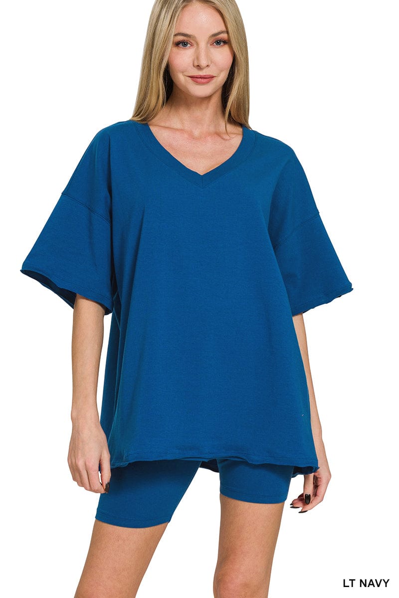 Cotton V- Neck Top & Biker Short Set -Variety Colors Available ZENANA
