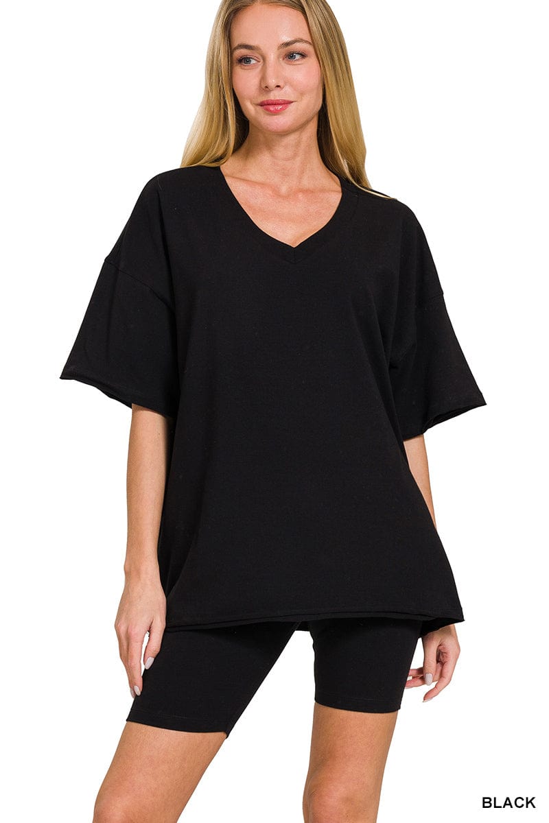 Cotton V- Neck Top & Biker Short Set -Variety Colors Available ZENANA