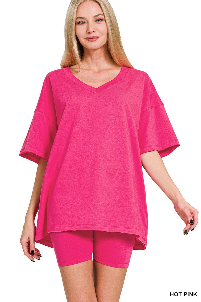Cotton V- Neck Top & Biker Short Set -Variety Colors Available ZENANA