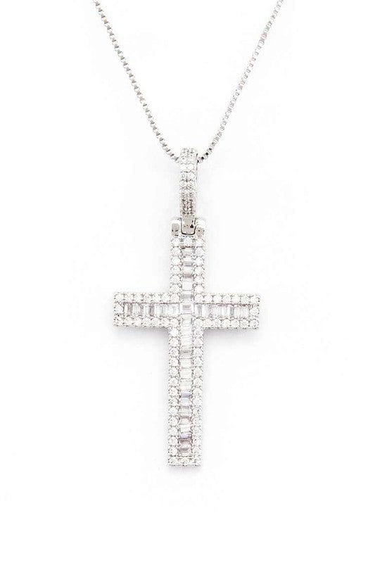 Cross Baguette CZ Pendant Necklace LA Jewelry Plaza Rhodium / O/S 2000002344015