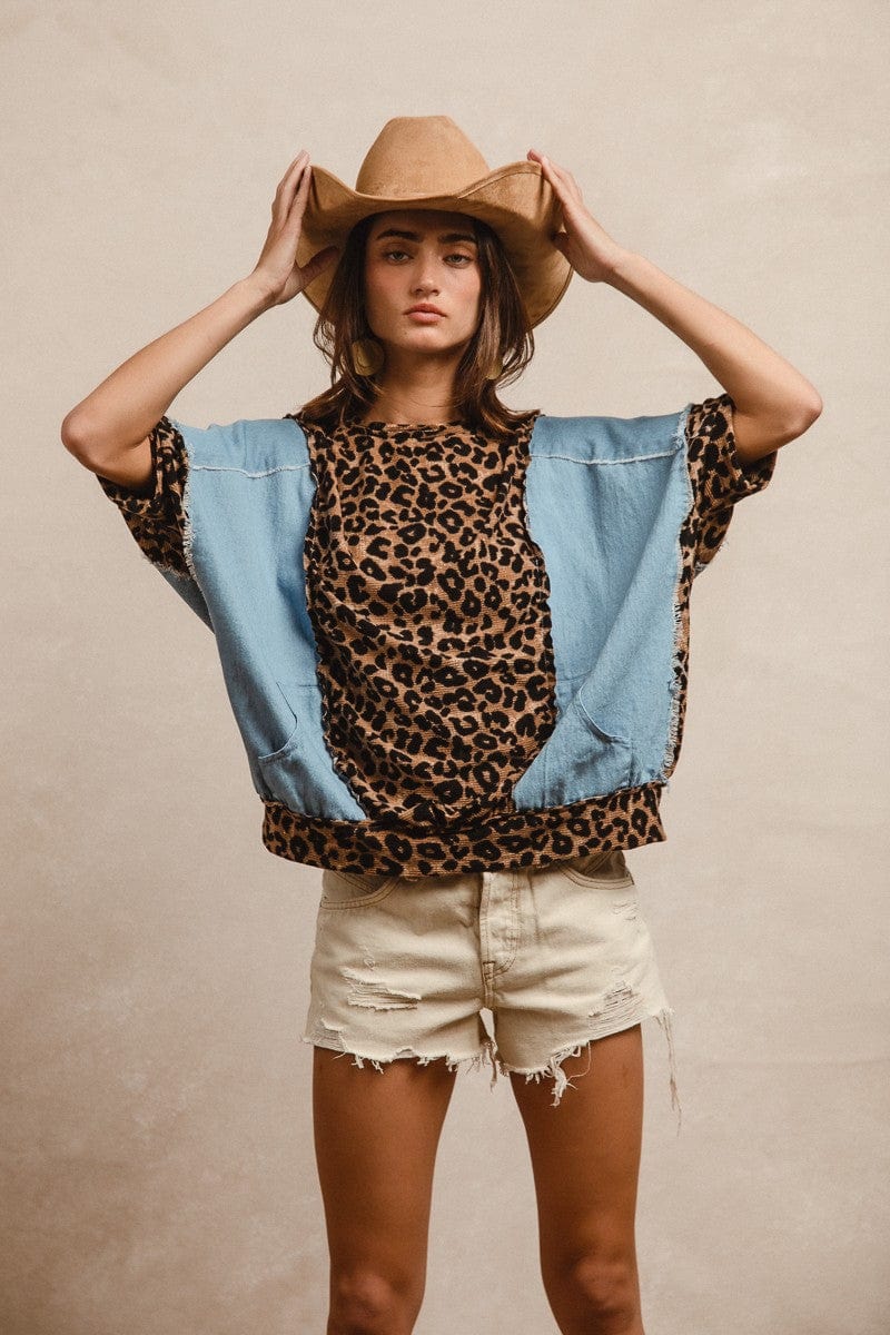 Denim With Leopard Prints Cut Edge Detail Short Sl Bibi clothing