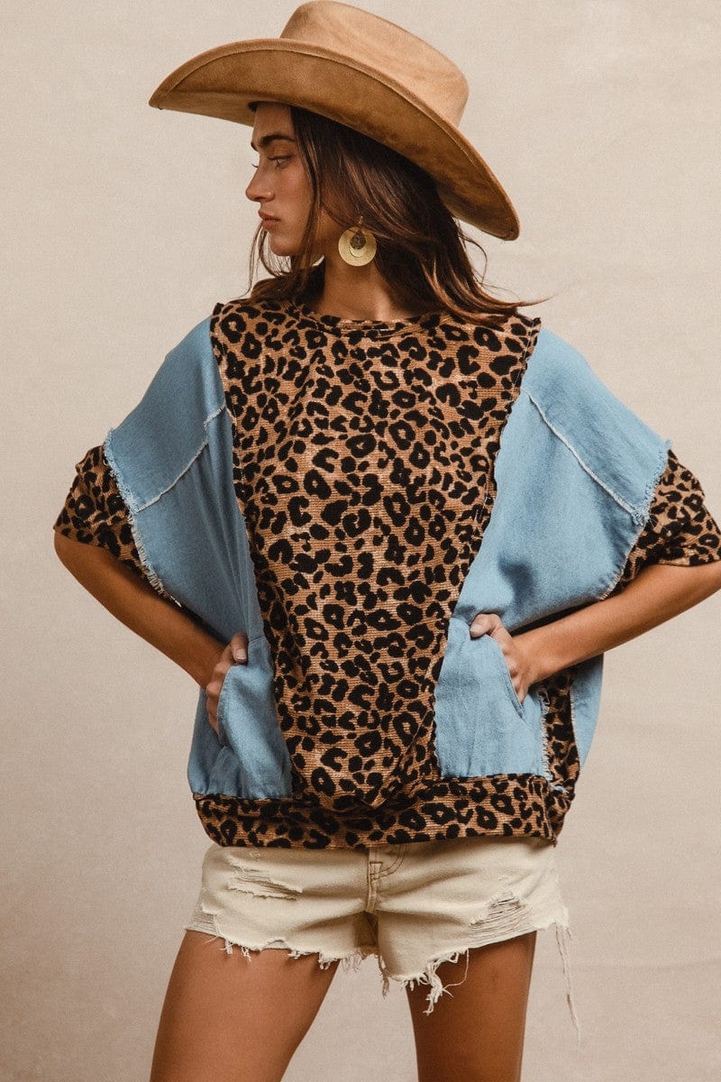 Denim With Leopard Prints Cut Edge Detail Short Sl Bibi clothing