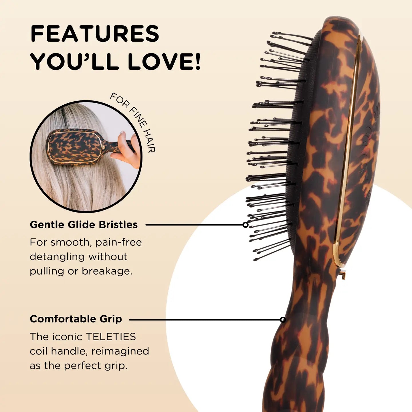 Detangler Hair Brush For Fine Hair - Tortoise Teleties TT-DET-F-001