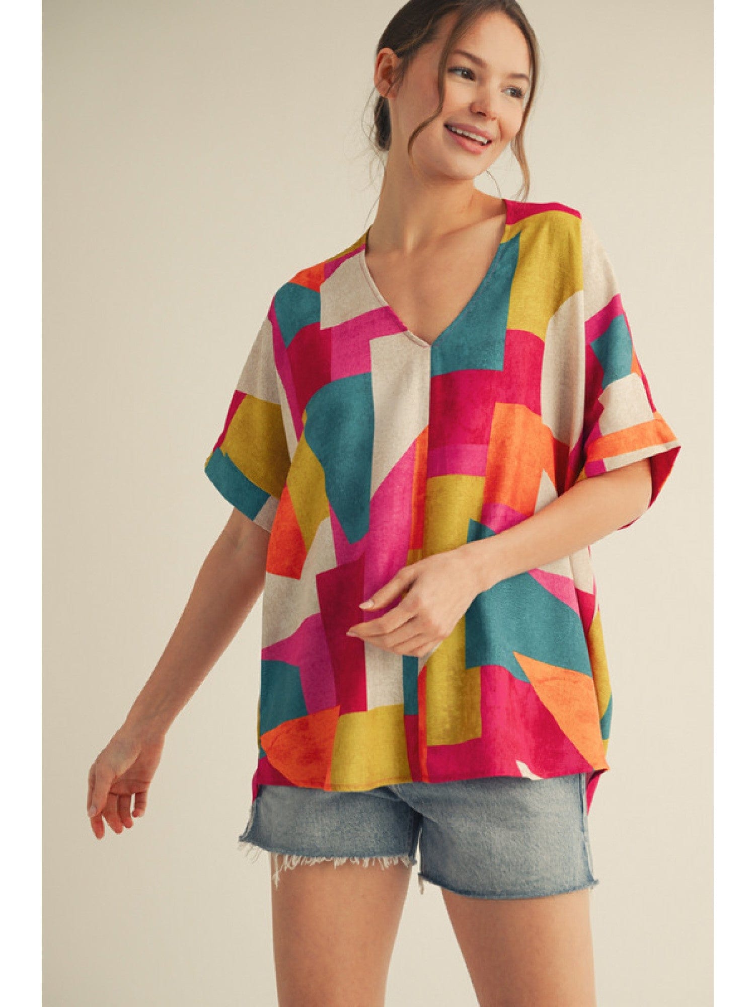 Drop shoulder multi color abstract print top. JODIFL
