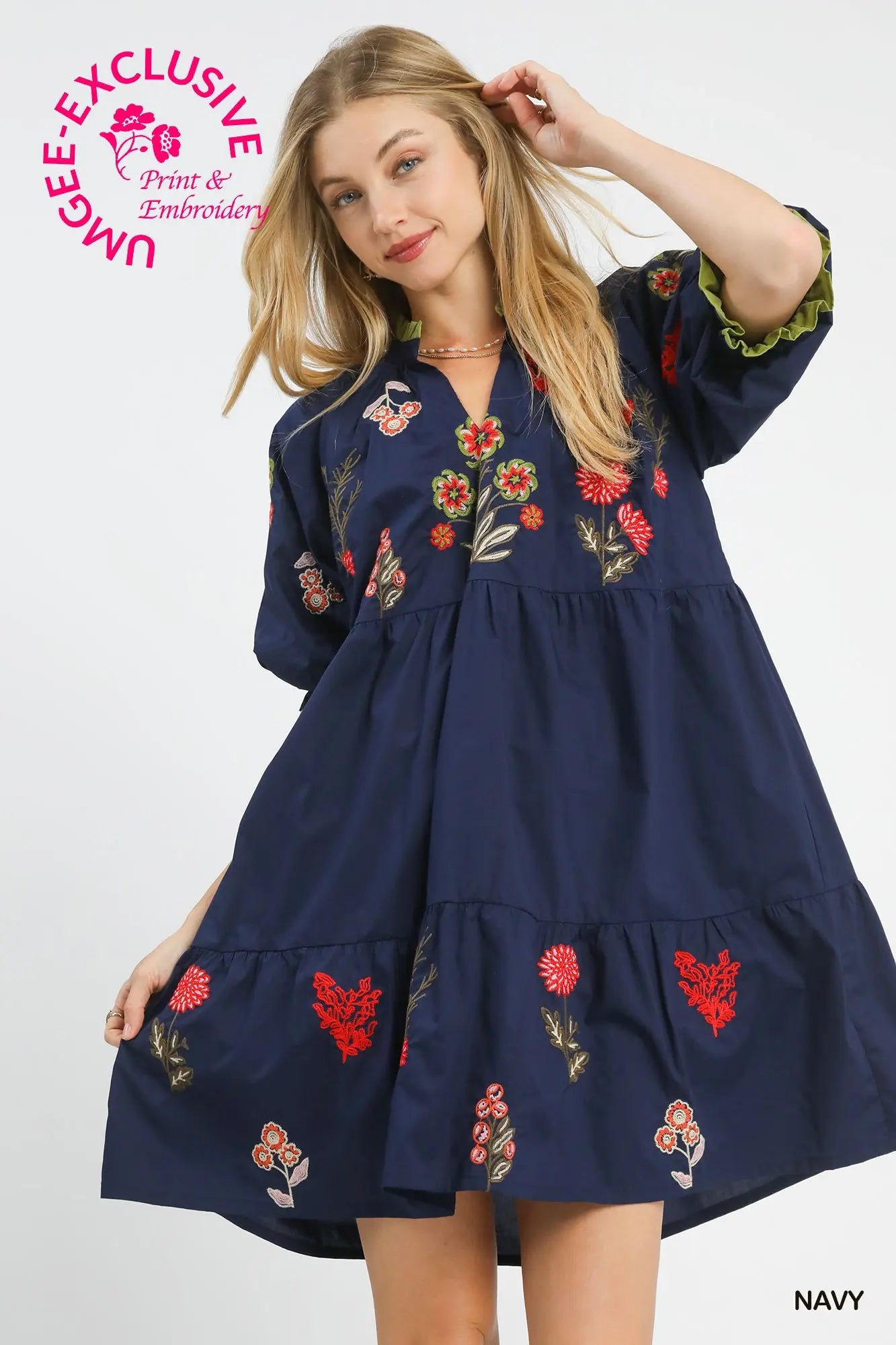 Embroidered Floral Tiered Dress Umgee