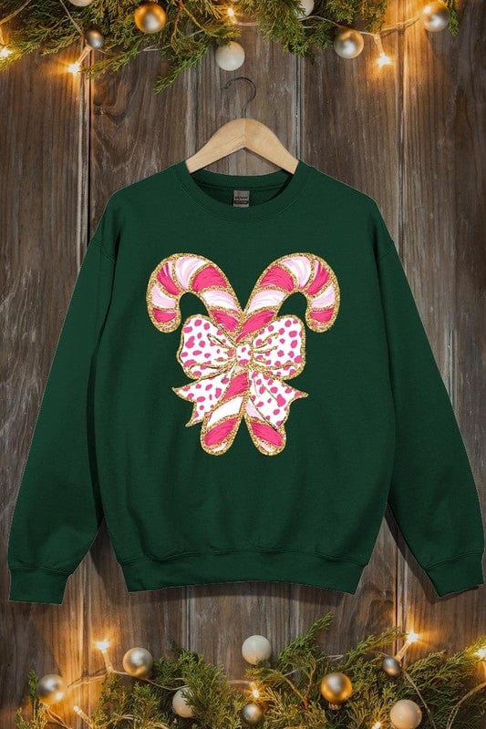 Faux Glitter Coquette CandyCane Graphic Sweatshirt Color Bear FOREST GREEN / S 2000002381685