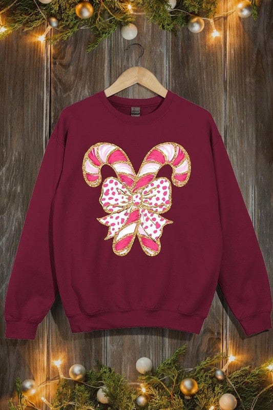 Faux Glitter Coquette CandyCane Graphic Sweatshirt Color Bear MAROON / S 2000002381649