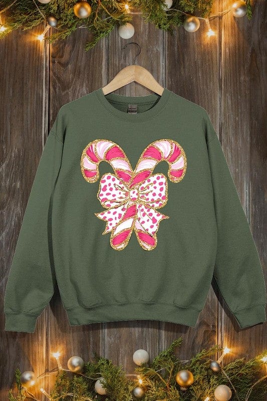 Faux Glitter Coquette CandyCane Graphic Sweatshirt Color Bear MILITARY GREEN / S 2000002381653