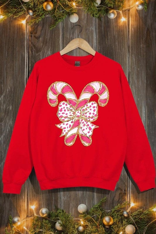 Faux Glitter Coquette CandyCane Graphic Sweatshirt Color Bear RED / S 2000002381665