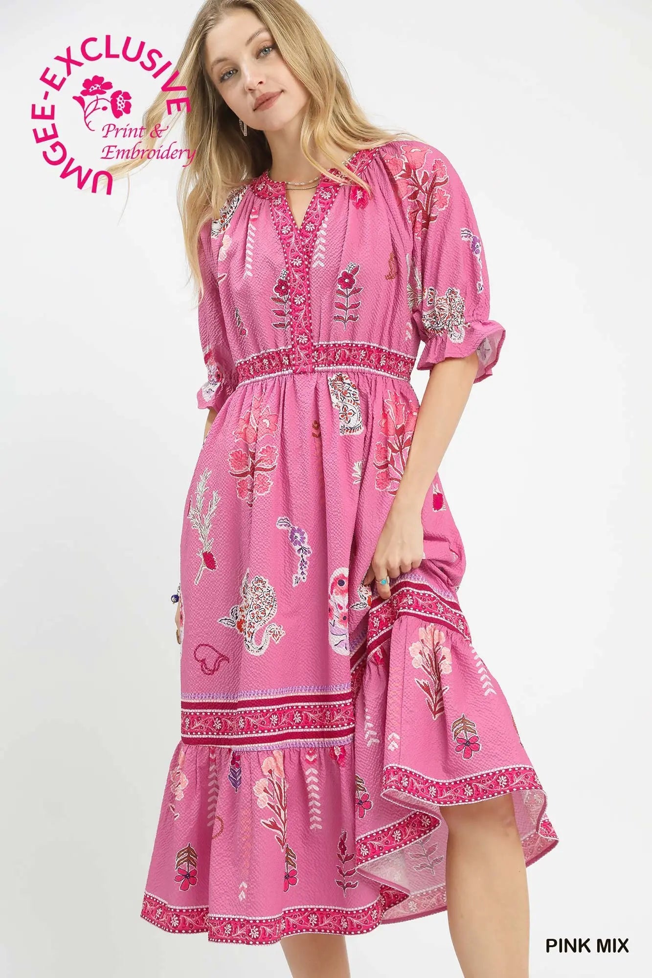 Floral Collage Print V-Neck Midi Dress Umgee