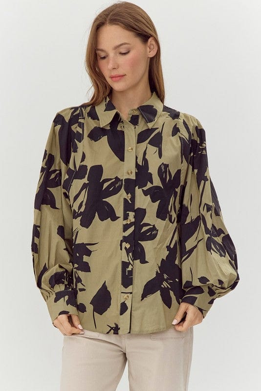 Floral Print Balloon Sleeves Top-OLIVE JODIFL