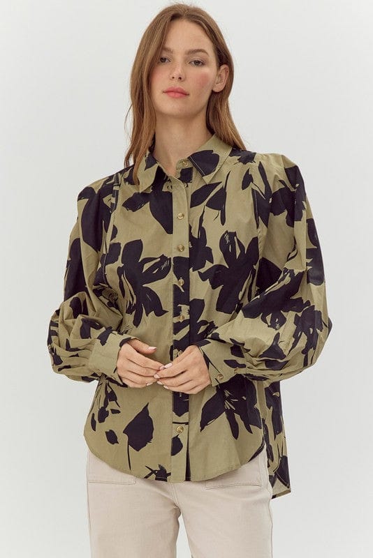 Floral Print Balloon Sleeves Top-OLIVE JODIFL