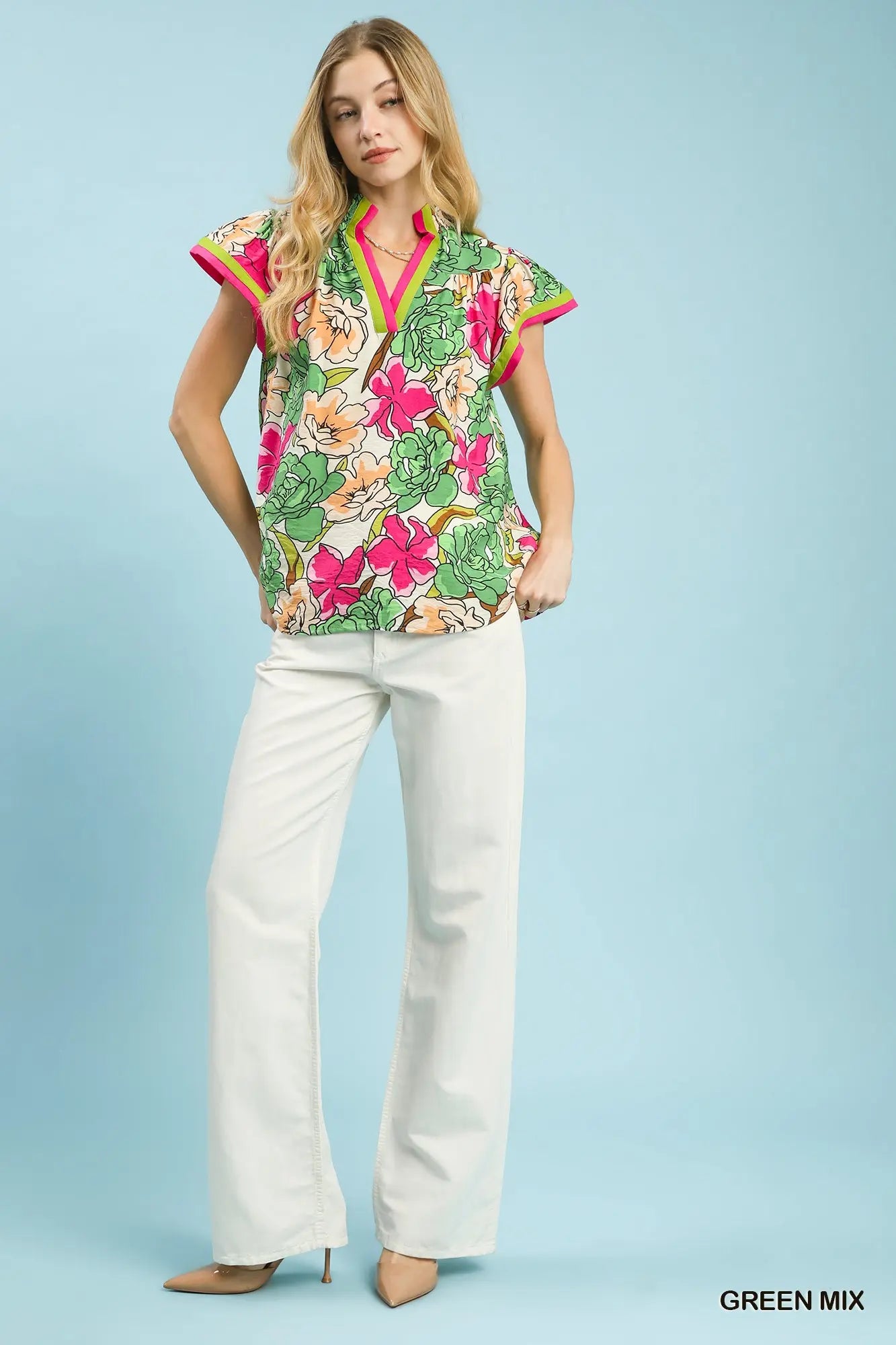 Floral Print Blouse with Contrast Trim Umgee