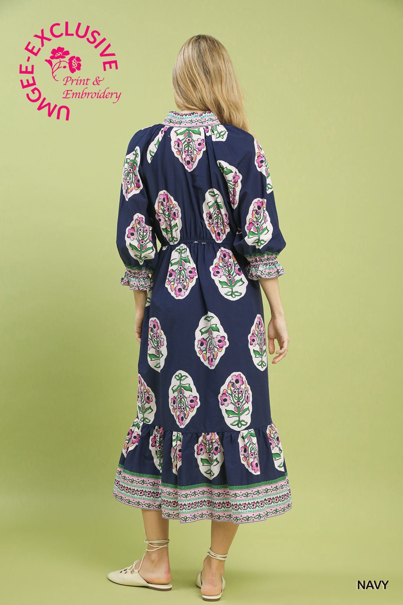 Flower Patch Border Print V-Neck Midi Dress Umgee