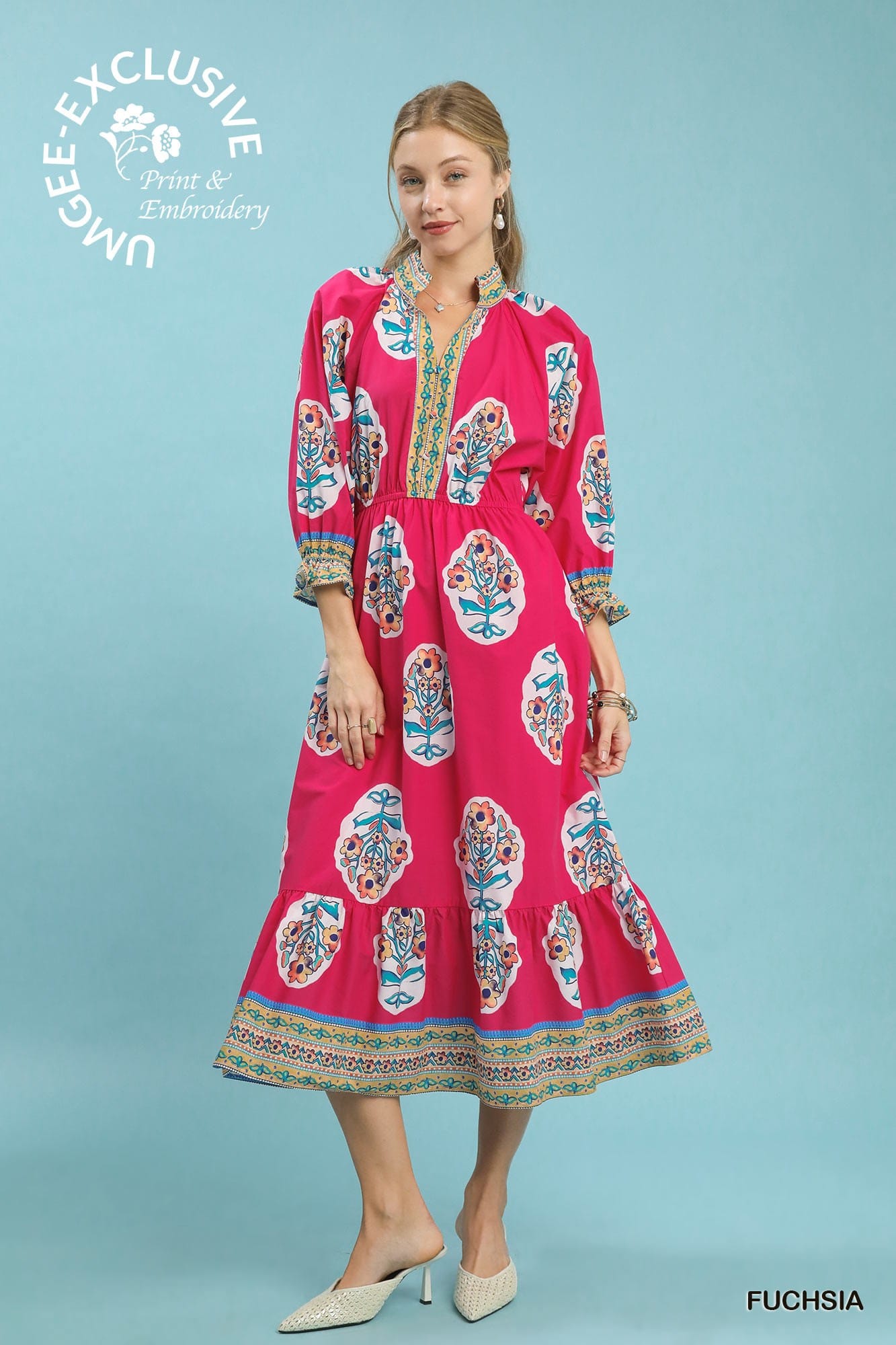 Flower Patch Border Print V-Neck Midi Dress Umgee