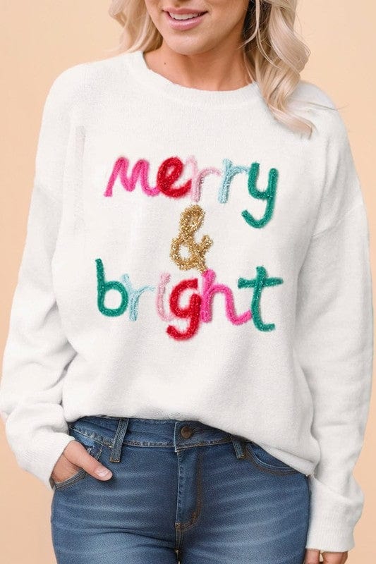 Glitter Merry & Bright Round Neck Knit Sweater SHEWIN INC. White Glitter sw2723655-P101 / S 2000002341574