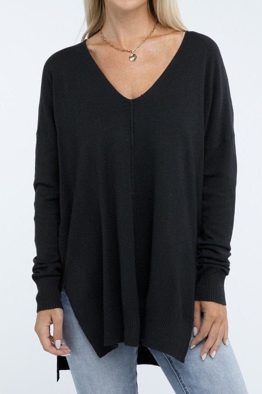 Hi-Low Hem Front Seam Sweater ZENANA BLACK / L/XL 1000002262631