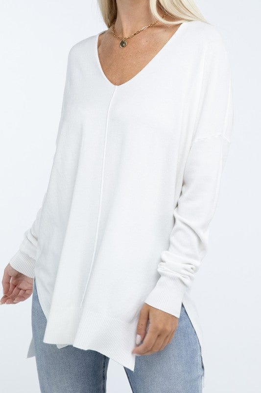 Hi-Low Hem Front Seam Sweater ZENANA IVORY / L/XL 1000002262653