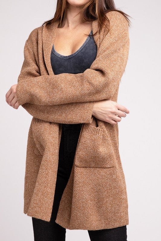 Hooded Open Front Sweater Cardigan ZENANA DEEP CAMEL / S 1000001929899