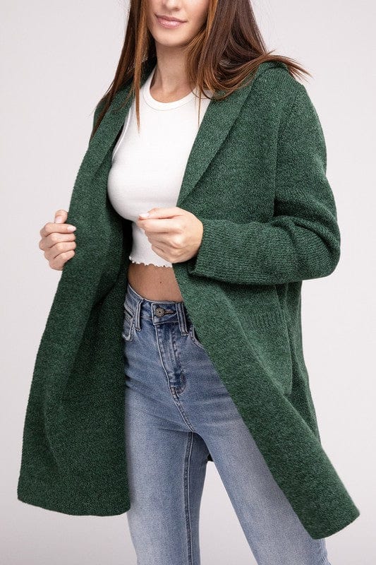 Hooded Open Front Sweater Cardigan ZENANA DK GREEN / S 1000001929890