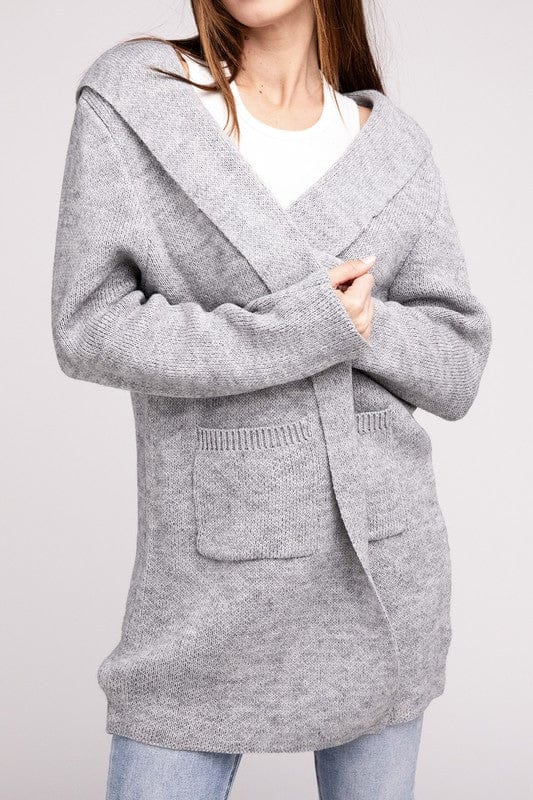 Hooded Open Front Sweater Cardigan ZENANA H GREY / S 1000001929905