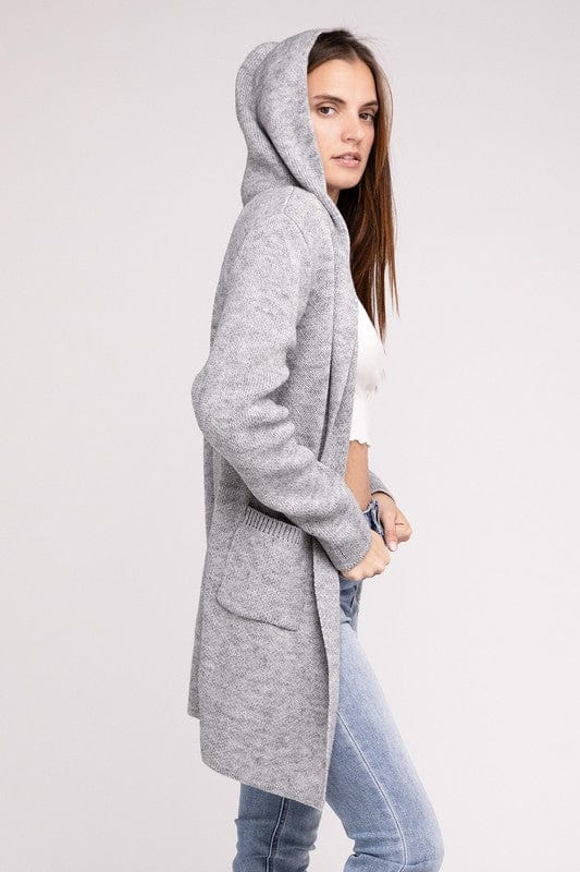 Hooded Open Front Sweater Cardigan ZENANA