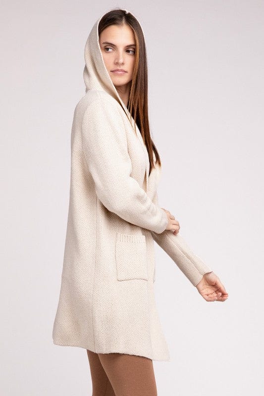 Hooded Open Front Sweater Cardigan ZENANA