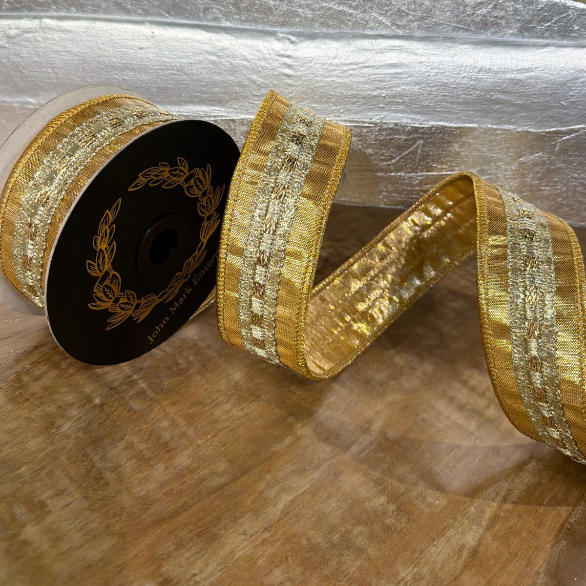 John Mark Ribbon - 1.5"x5yd - Gold Trim Metallic Dupion John Mark JME-WN25-163-GOLD-1.5