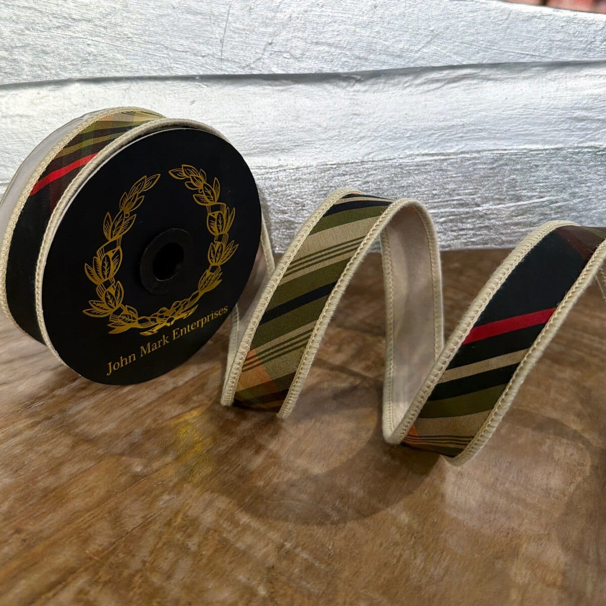 John Mark Ribbon - 1"x10yd - Huntington Plaid Tafetta Fused John Mark JME-WN25-040-GREEN-1