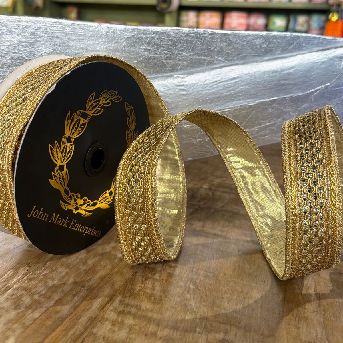John Mark Ribbon - 1"x10YD - Jeweled Trim Metallic Dupion John Mark JME-WN25-075-GOLD-1