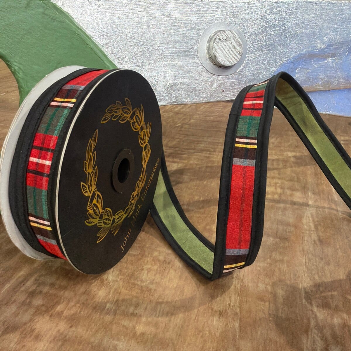 John Mark Ribbon - 1"x10yd - Royal Stewart Plaid Fused Dupion Olive John Mark JME-WN25-037-PLAID-1