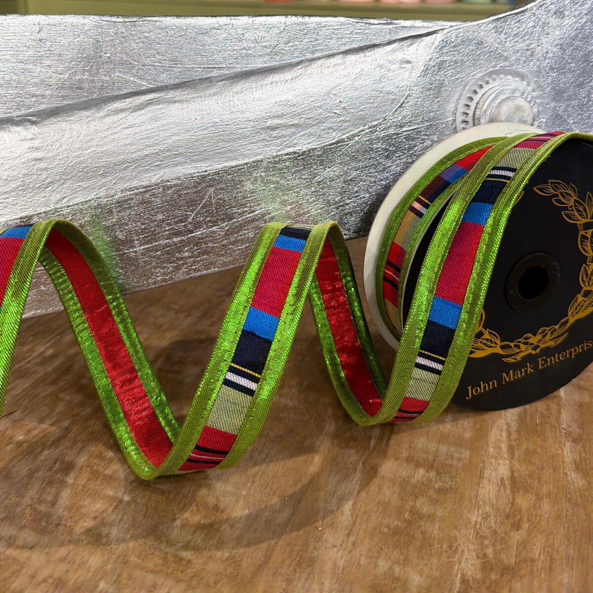 John Mark Ribbon - 1"x10yd - Stripe Metallic Dupion Red/Green Metallic Piping John Mark JME-WN25-067-RED-1