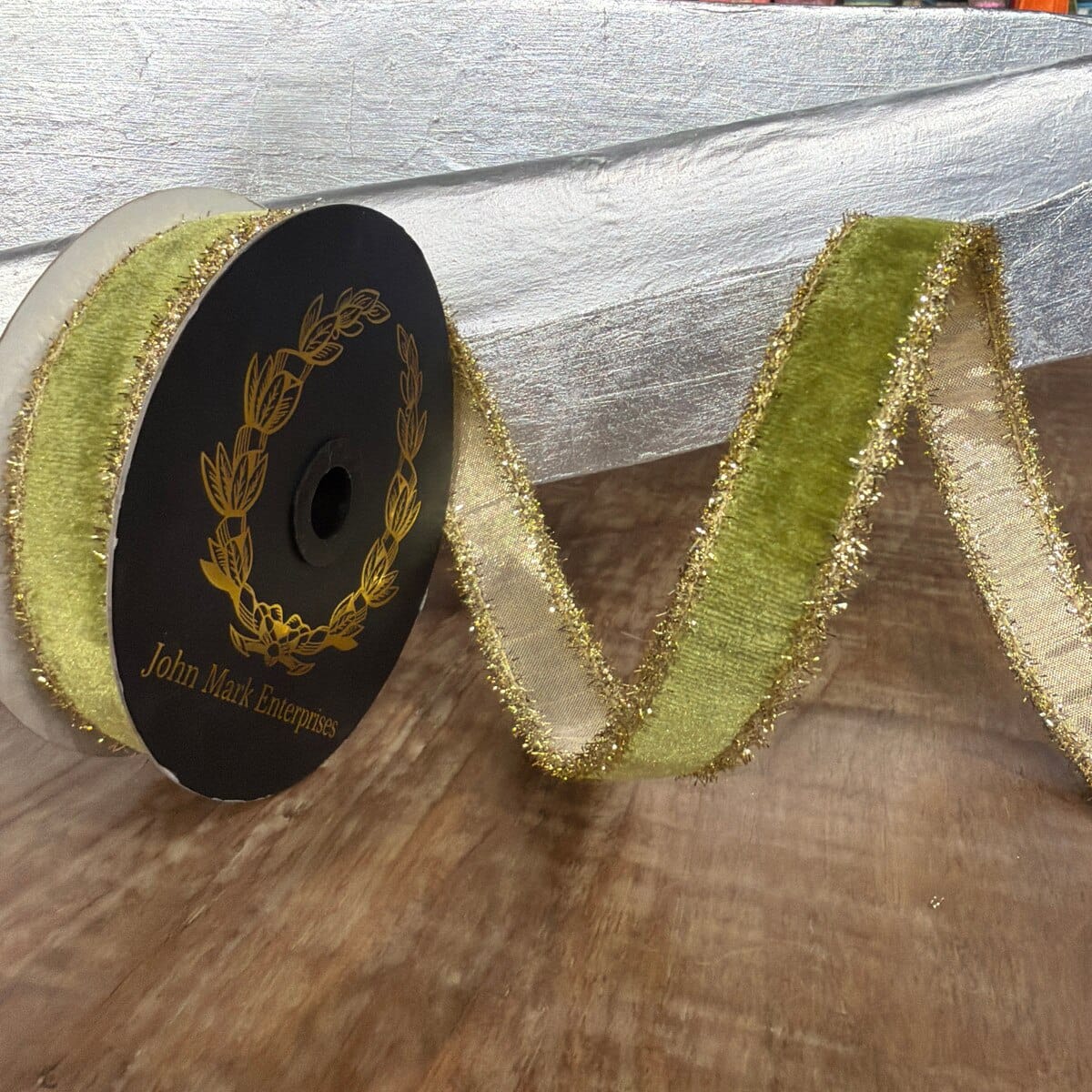 John Mark Ribbon - 1"x10yd - Velvet Metallic Dupion DBL Fused Tinsel Edge Apple John Mark JME-WN25-063-APPLE-1