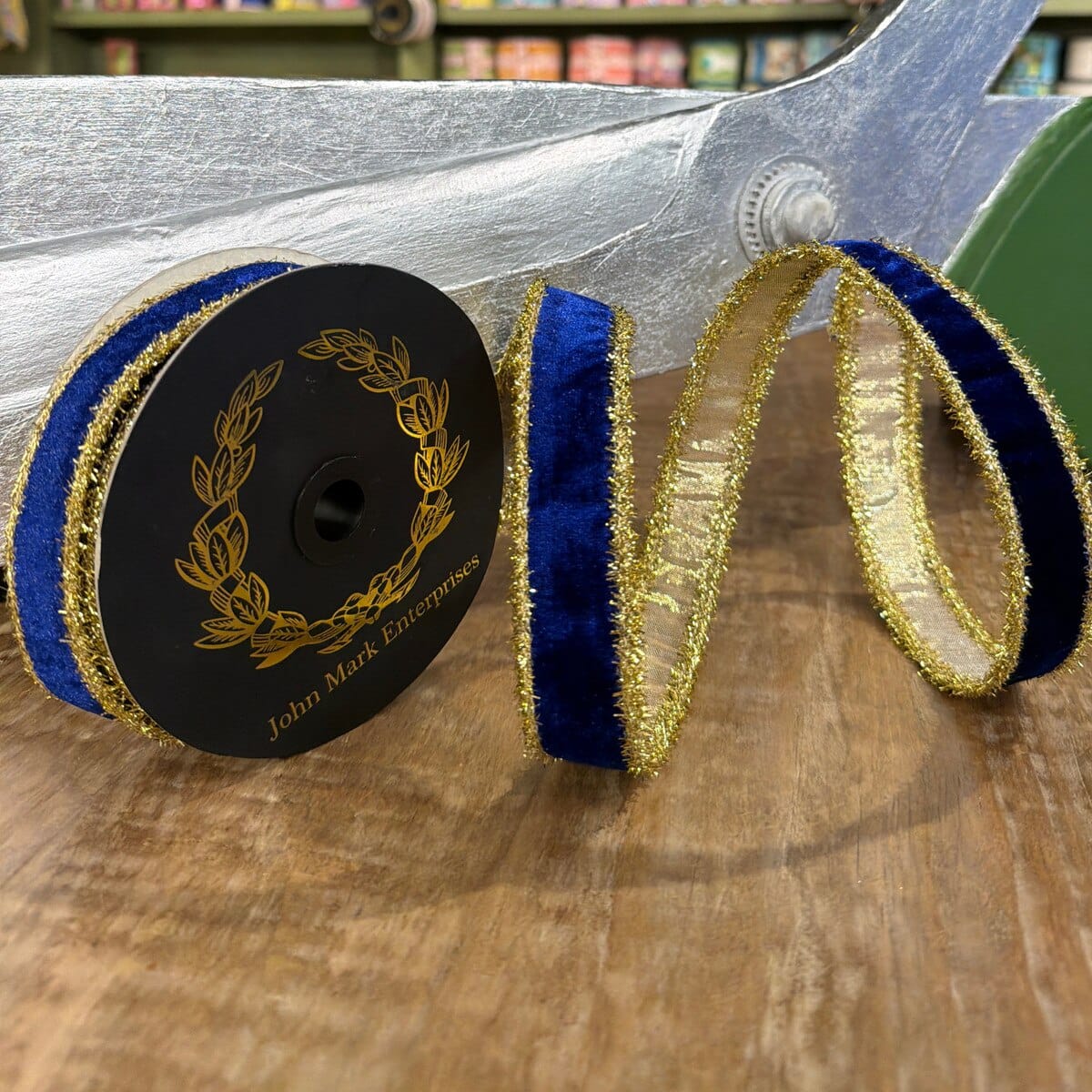 John Mark Ribbon - 1"x10yd - Velvet Metallic Dupion DBL Fused Tinsel Edge Blue John Mark JME-WN25-063-BLUE-1