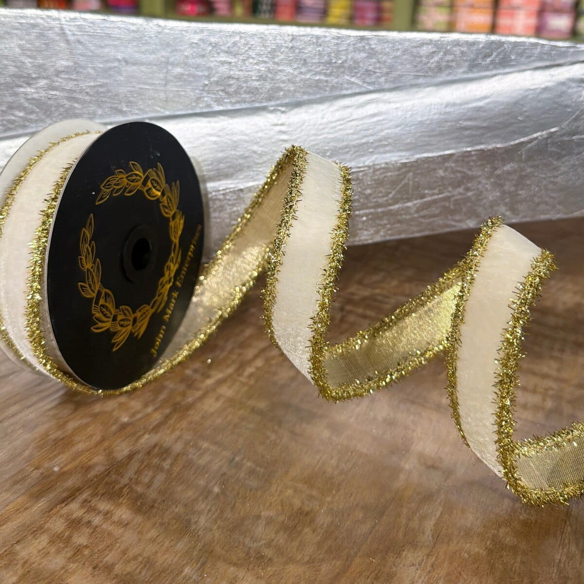 John Mark Ribbon - 1"x10yd - Velvet Metallic Dupion DBL Fused Tinsel Edge White John Mark JME-WN25-063-W-1