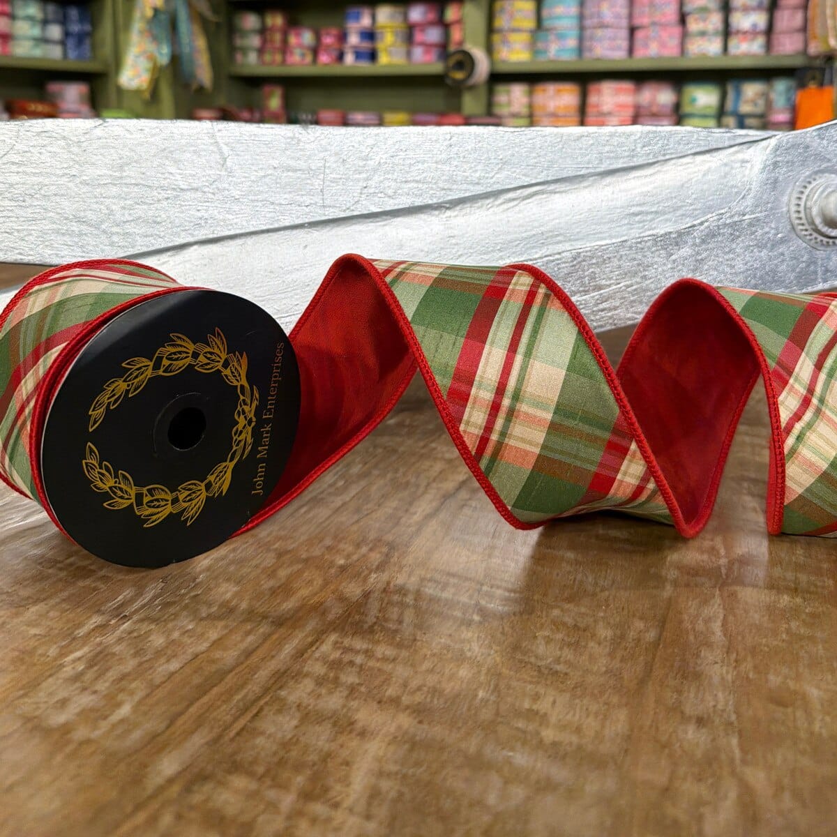 John Mark Ribbon - 2.5" X 10YD - Holiday Plaid Dupion Red Tafetta Fused John Mark JME-WN25-095-RED-2.5