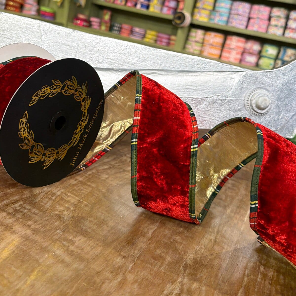 John Mark Ribbon - 2.5"X10YD - Red Velvet Metallic Dupion Plaid Piping John Mark JME-WN25-034-RED-2.5