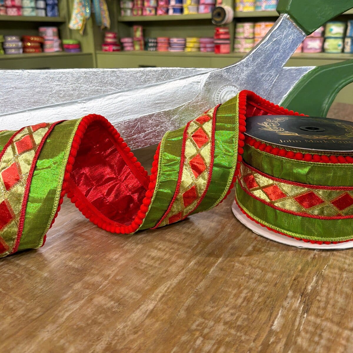 John Mark Ribbon - 4"x10yd - Apple Metallic Dupion Diamond Velvet Overlay Pom Pom Trim John Mark JME-WN25-071-APPLE-4