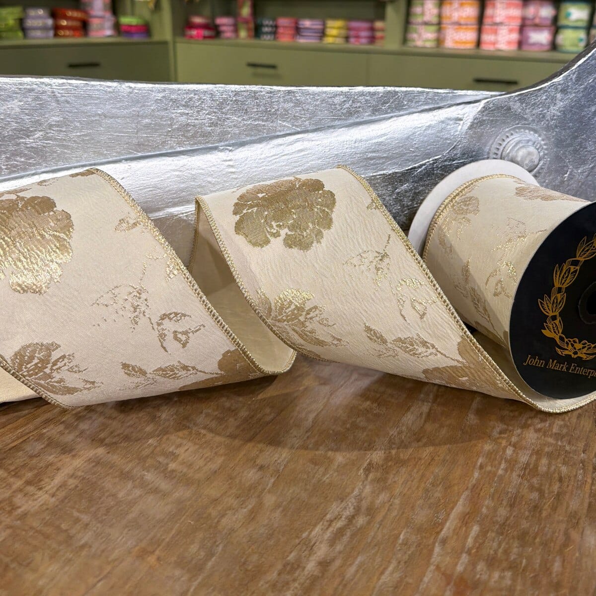 John Mark Ribbon - 4"x10yd - Metallic Jacq Dupion FSD Gold John Mark JME-WN25-160-GOLD-4